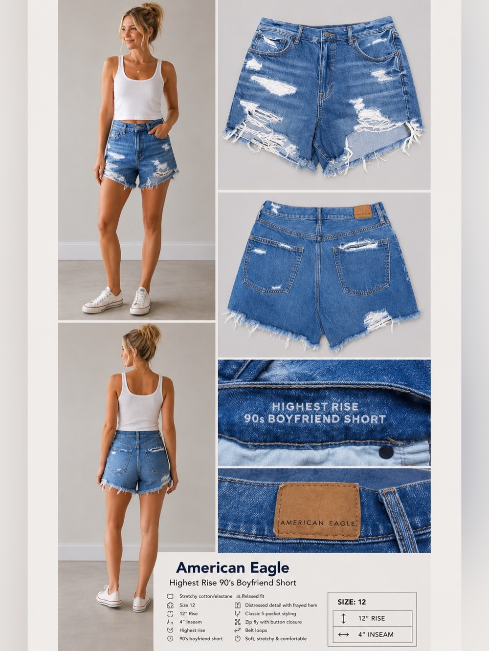 American Eagle Highest Rise 90’s Boyfriend Shorts Size 12 Distressed Stretch